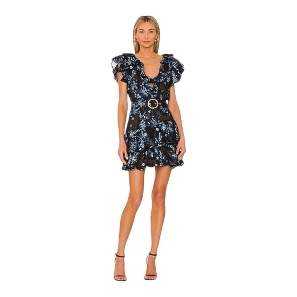 Elliatt Blue Floral Jacquard Ruffle Mini Dress Belted Puff Sleeve Size L - Picture 5 of 10